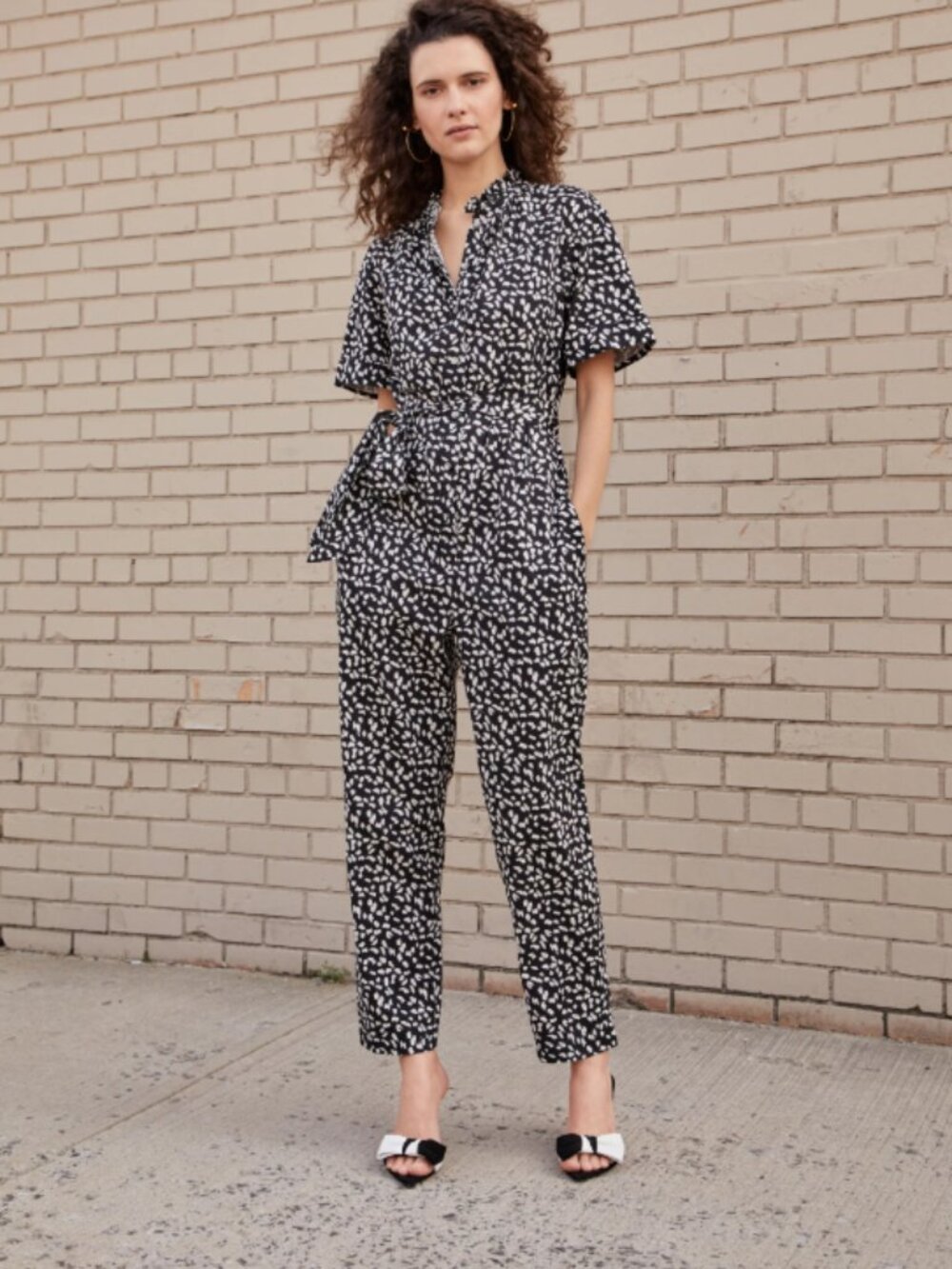 La Vie Rebecca Taylor Women’s S Black White Spotted Cotton Tie Waist Jumpsuit